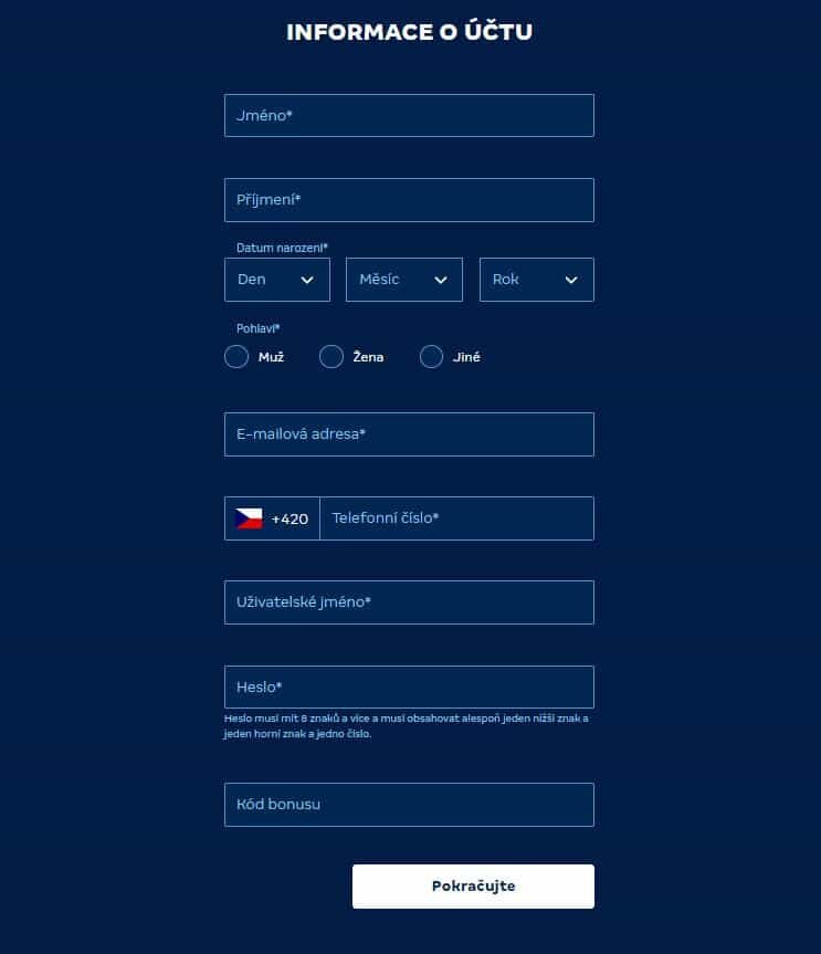 Registrační formulář na MerkurXtip casinu